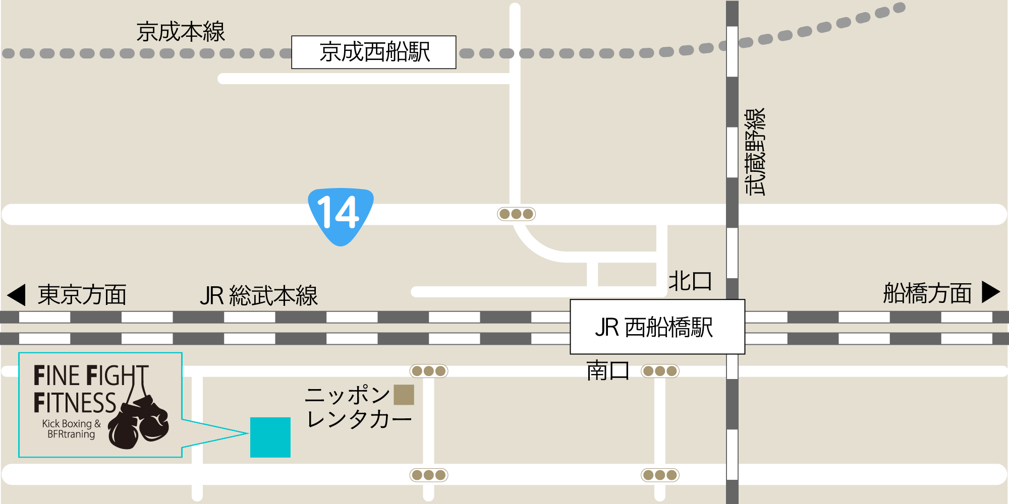 西船橋駅徒歩３分のキックボクシング・フィットネスジムFFFの地図