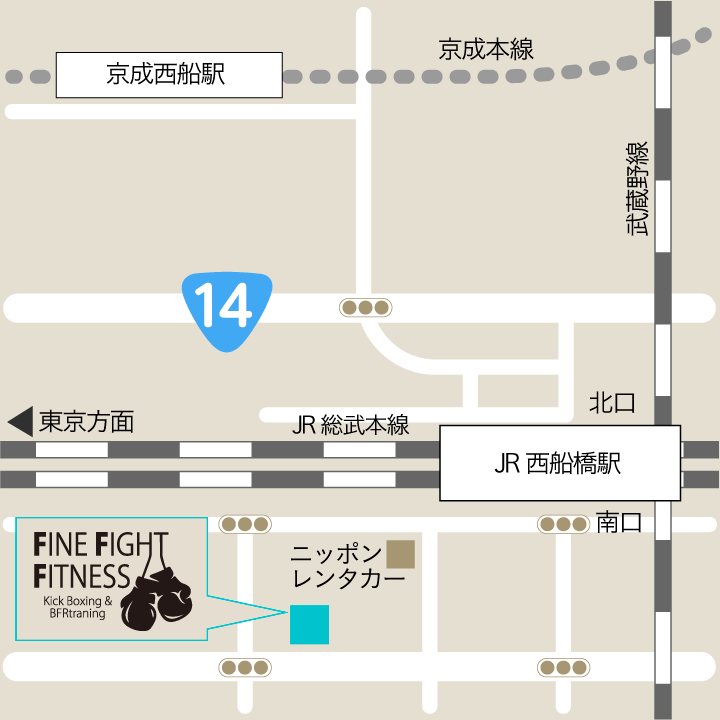 西船橋駅徒歩３分のキックボクシング・フィットネスジムFFFの地図